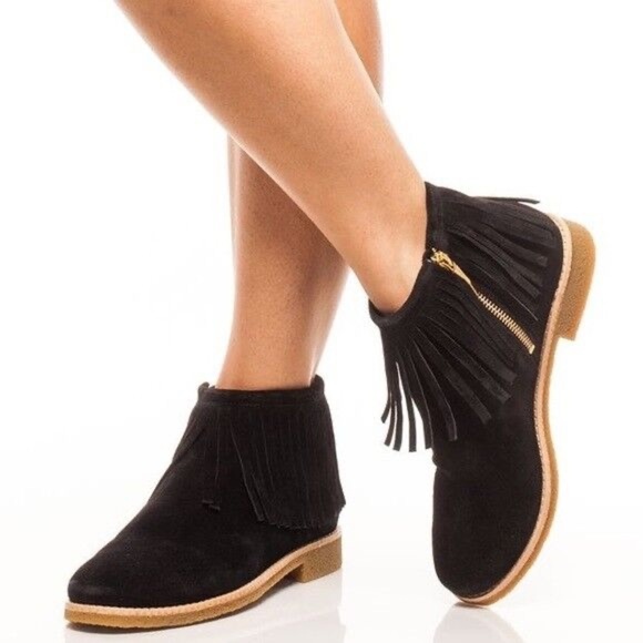 Kate Spade New York Betsie Ankle Fringed Booties in Black Suede Sz: 10 - Picture 1 of 11